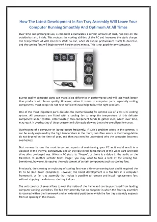 How The Latest Development In Fan Tray Assembly Will Leave Your Computer Running Smoothly And Optimum At All Times