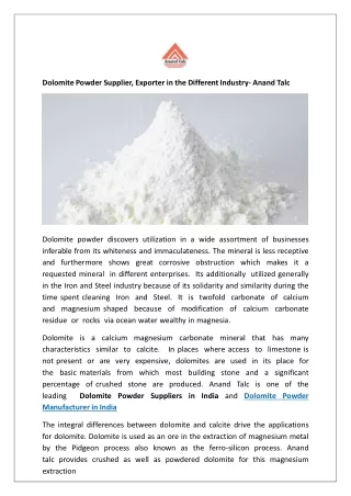 Dolomite Powder Supplier, Exporter in the Different Industry- Anand Talc