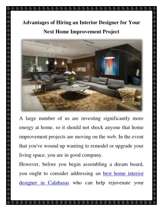 Advantages of Hiring an Interior Designer for Your Next Home Improvement Project