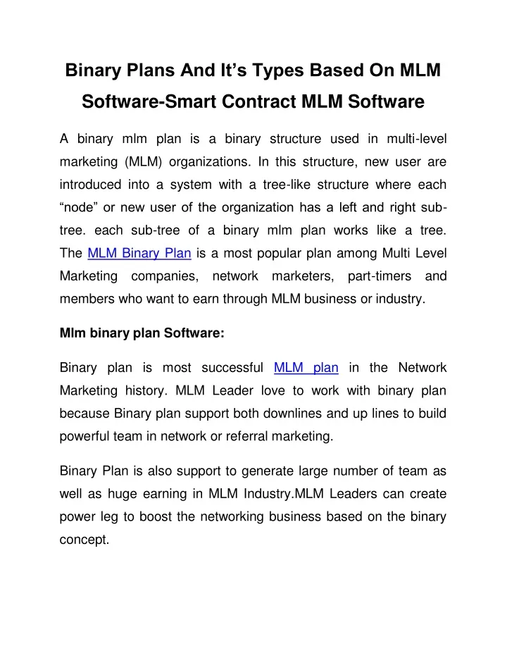 binary plans and it s types based on mlm