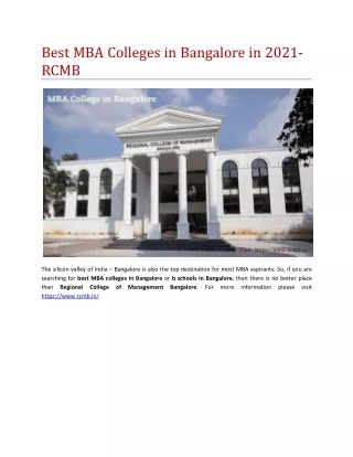 Best MBA Colleges in Bangalore in 2021- RCMB