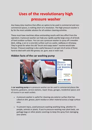 uses of the revolutionary high pressure washer