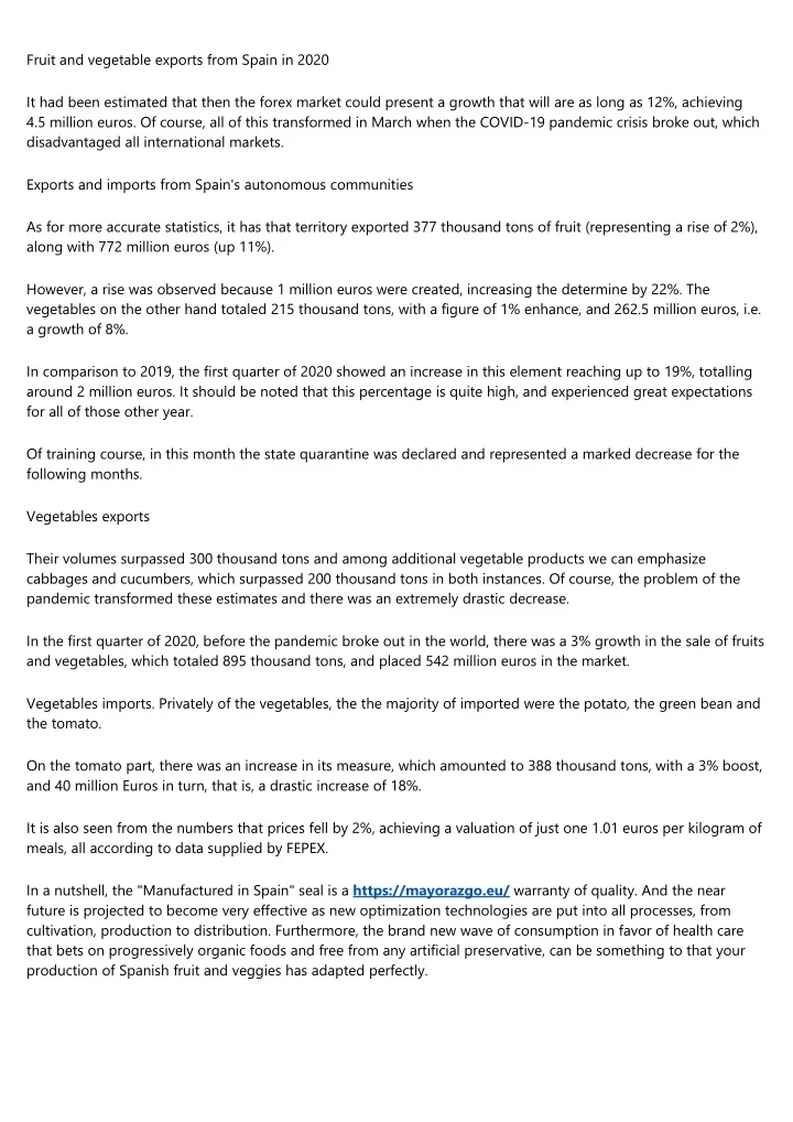 fruit and vegetable exports from spain in 2020