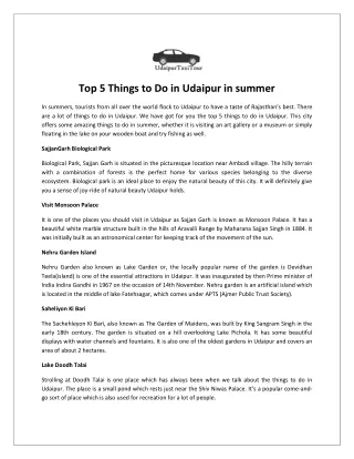 Top 5 Things to Do in Udaipur in summer