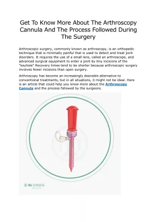 Get To Know More About The Arthroscopy Cannula And The Process Followed During The Surgery