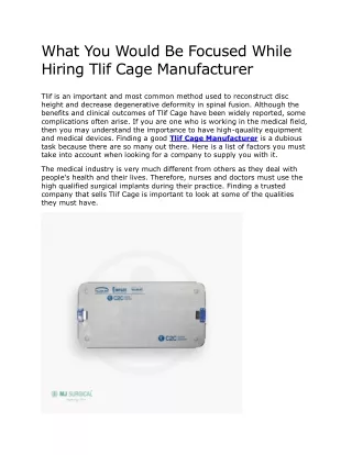 Tlif Cage Manufacturer