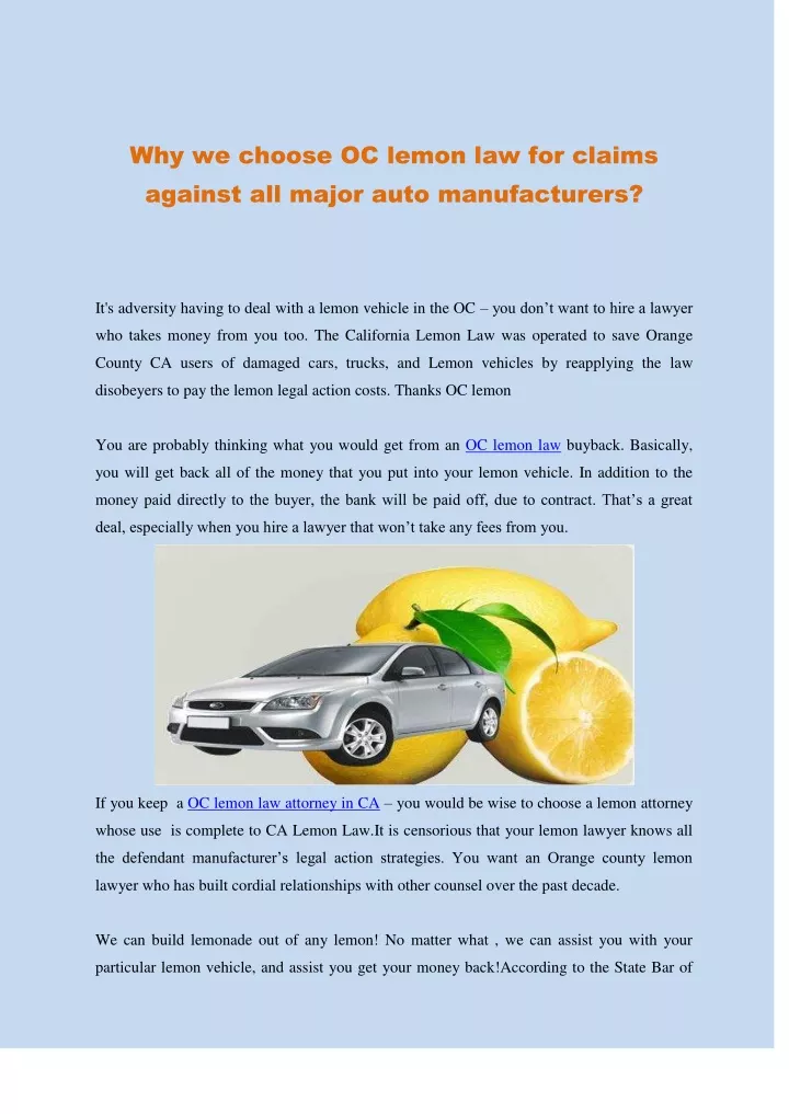why we choose oc lemon law for claims against