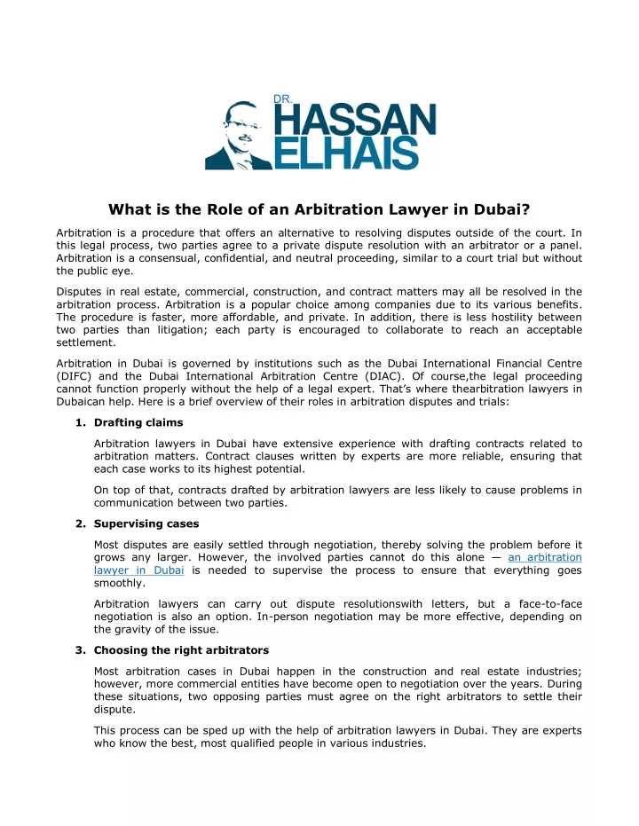 what is the role of an arbitration lawyer in dubai