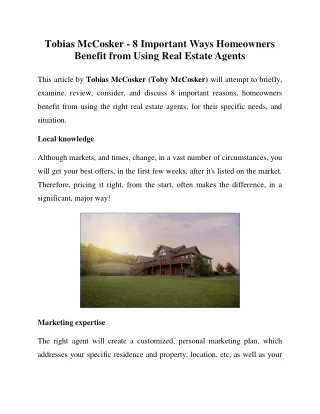 Tobias McCosker  - Important Ways Homeowners Benefit from Using Real Estate Agents
