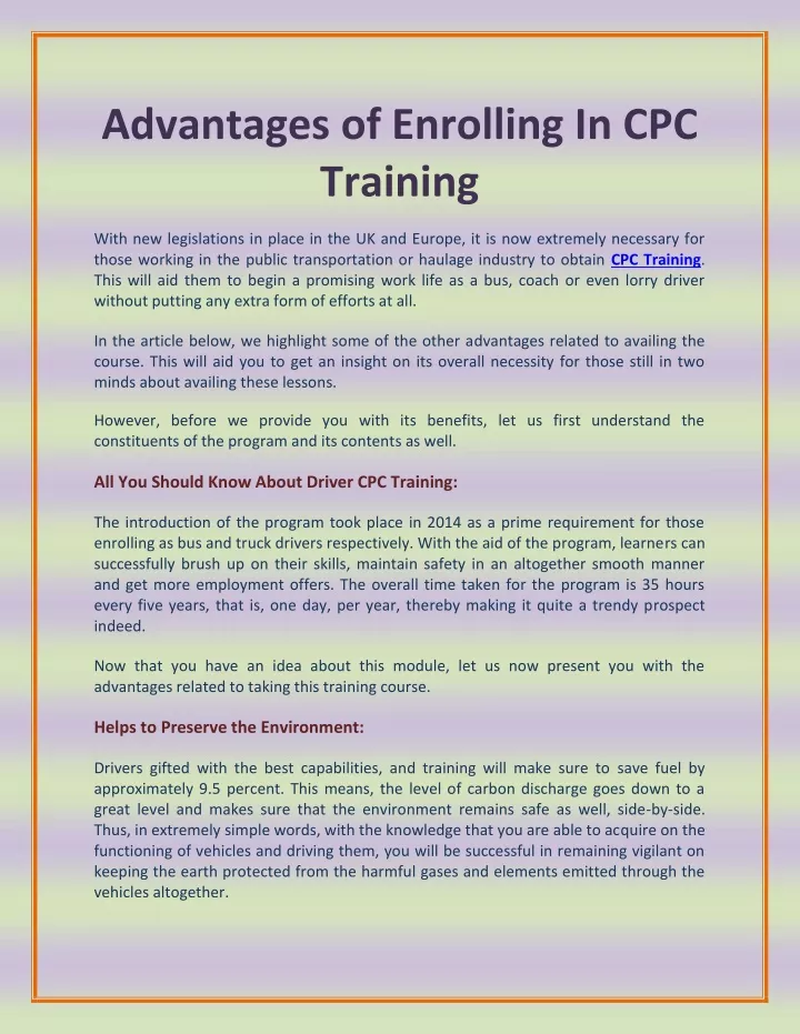 advantages of enrolling in cpc training