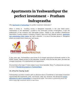 Apartments in Yeshwanthpur the perfect investment - Pratham Indraprastha