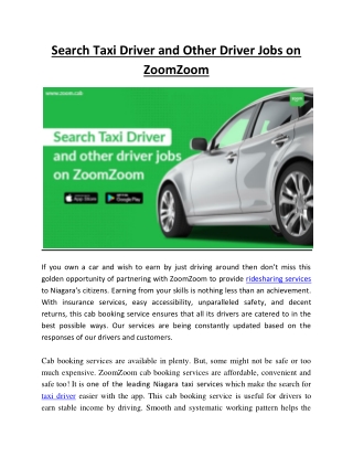 Search Taxi Driver and Other Driver Jobs on ZoomZoom