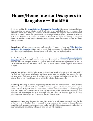 House/Home Interior Designers in Bangalore — BuildHii