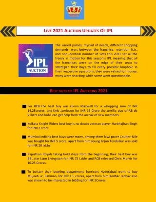 Live 2021 Auction Updates Of IPL