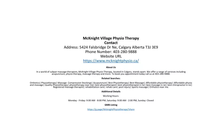 mcknight village physio therapy contact address