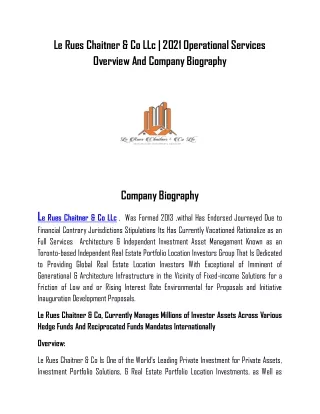 Le Rues Chaitner & Co LLc | 2021 Operational Services Overview And Company Biography|