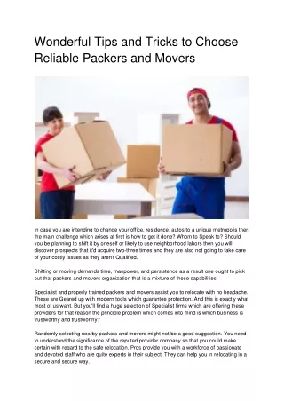 Wonderful Tips and Tricks to Choose Reliable Packers and Movers