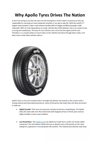 Why Apollo Tyres Drives The Nation