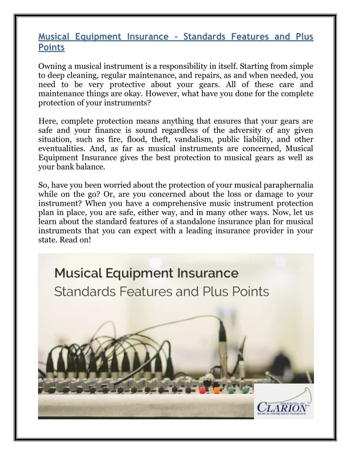 musical equipment insurance standards features