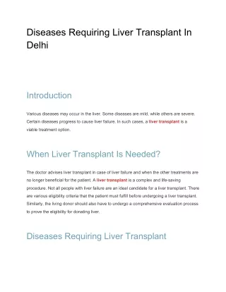 Diseases Requiring Liver Transplant In Delhi