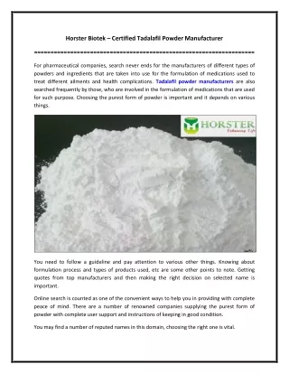 Horster Biotek – Certified Tadalafil Powder Manufacturer
