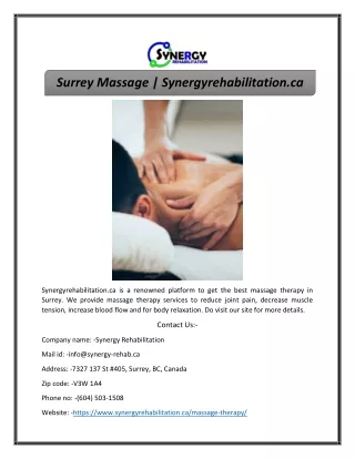 Surrey Massage | Synergyrehabilitation.ca