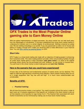 OFX Trades is the Most Popular Online gaming site to Earn Money Online-Octafxtrades