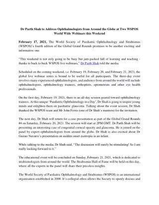 Dr Parth Shah to Address Ophthalmologists from Around the Globe at Two WSPOS  World Wide Webinars this Weekend