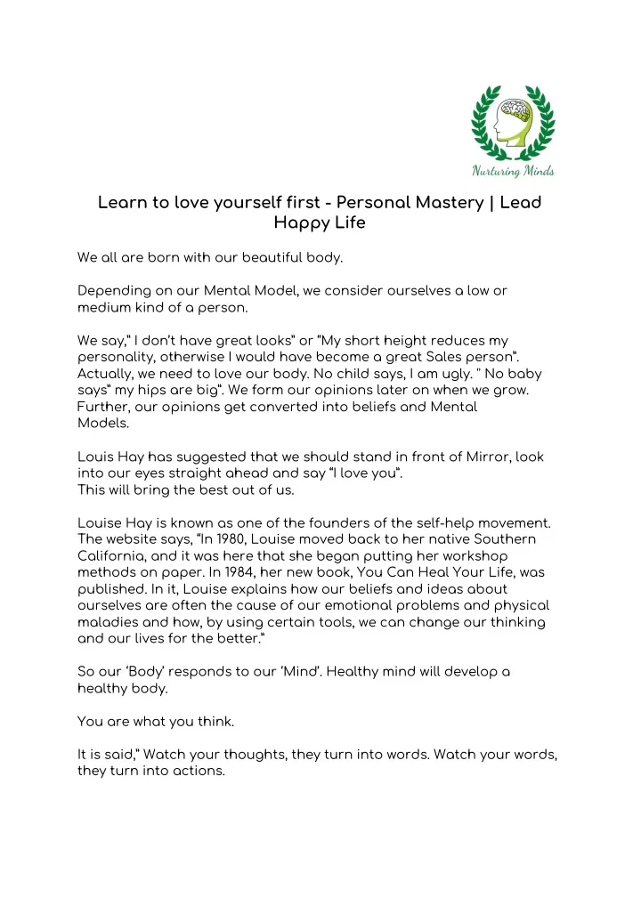 learn to love yourself first personal mastery