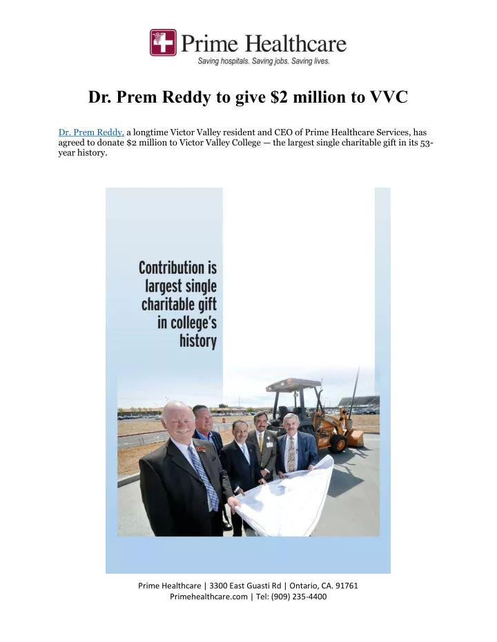 dr prem reddy to give 2 million to vvc dr prem