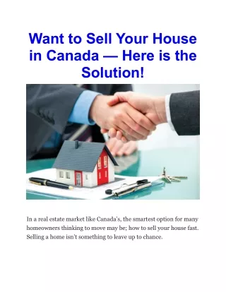 Want to Sell Your House in Canada — Here is the Solution!