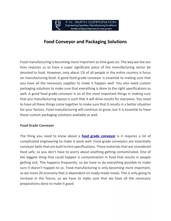 food conveyor and packaging solutions food