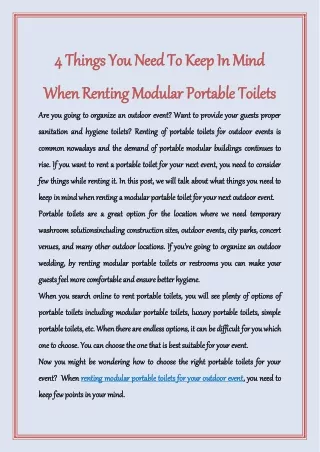 4 Things You Need To Keep In Mind When Renting Modular Portable Toilets