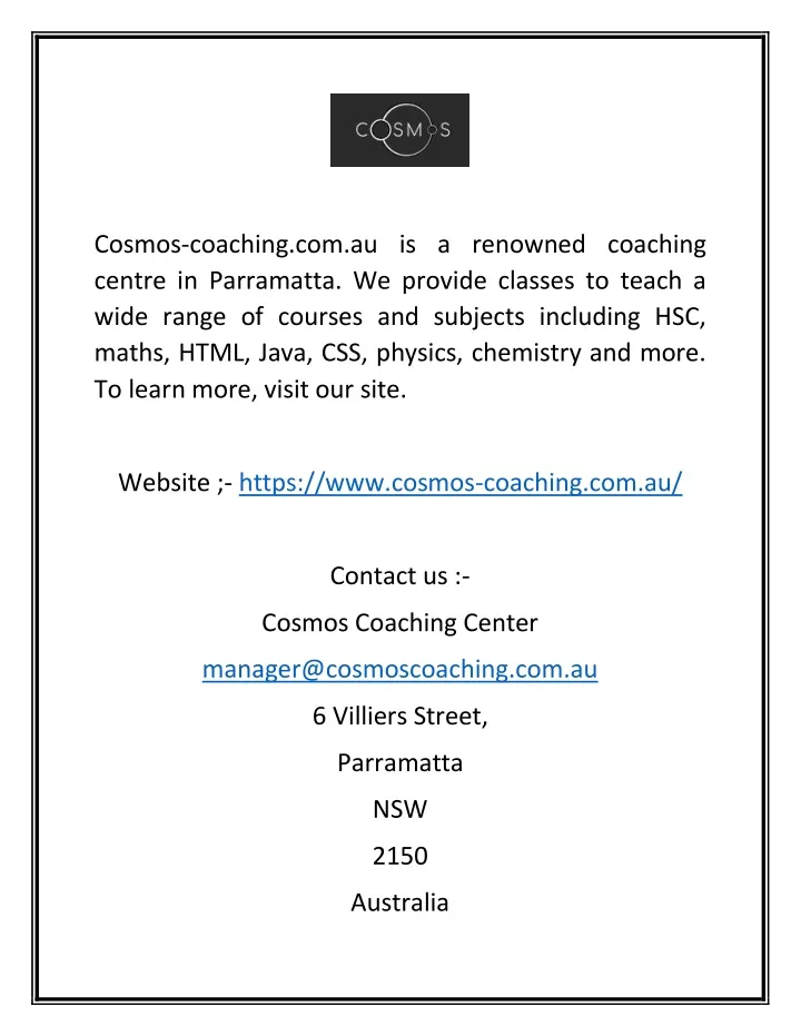 cosmos coaching com au is a renowned coaching