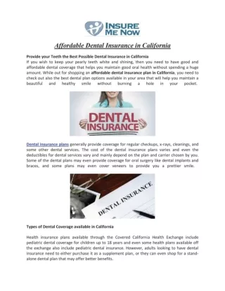 Affordable Dental Insurance in California