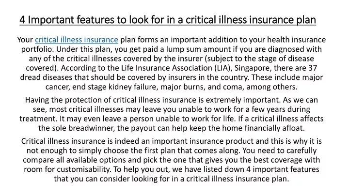 4 important features to look for in a critical illness insurance plan