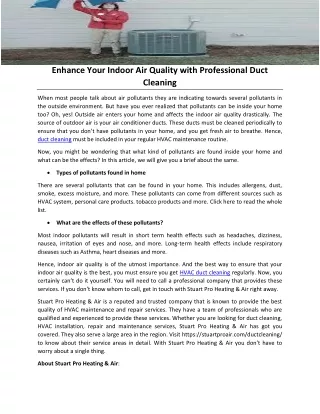 Enhance Your Indoor Air Quality with Professional Duct Cleaning