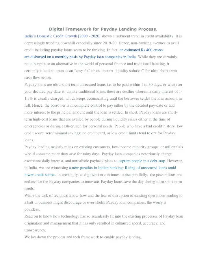 digital framework for payday lending process