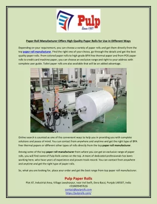 Paper Roll Manufacturer Offers High Quality Paper Rolls for Use in Different Ways