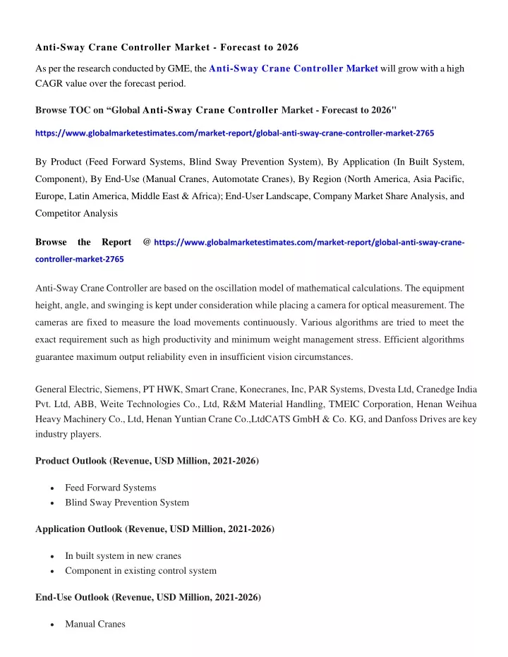 anti sway crane controller market forecast to 2026