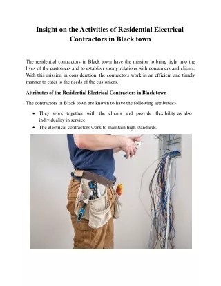 Insight on the Activities of Residential Electrical Contractors in Black town