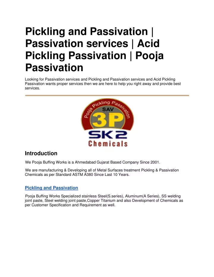 pickling and passivation passivation services