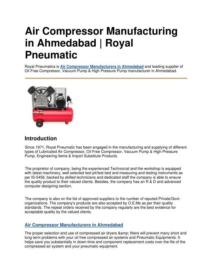 air compressor manufacturing in ahmedabad royal