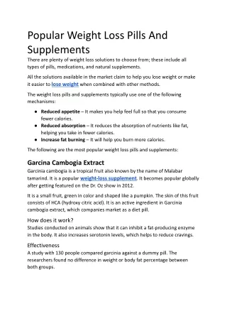 Popular Weight Loss Pills And Supplements