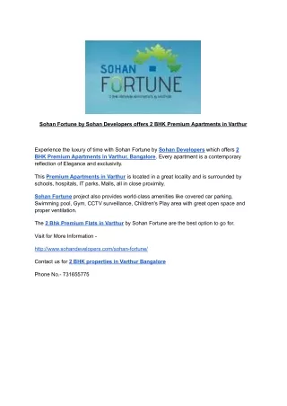 Sohan Fortune by Sohan Developers offers 2 BHK Premium Apartments in Varthur