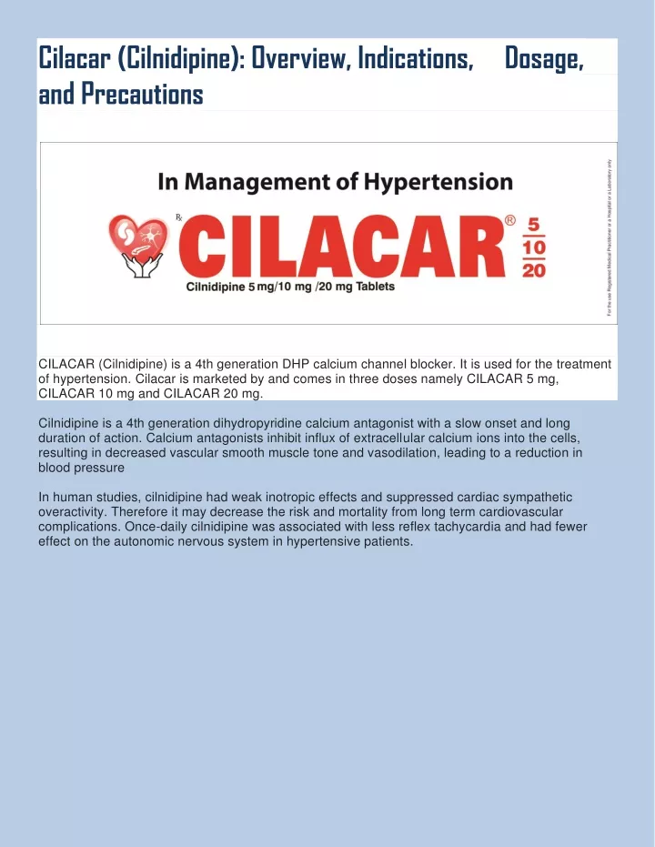 cilacar cilnidipine overview indications dosage
