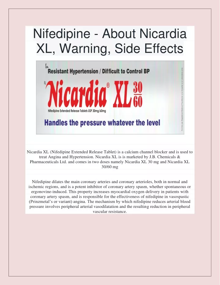 nifedipine about nicardia xl warning side effects