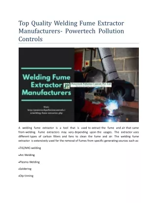 Top Quality Welding Fume Extractor Manufacturers- Powertech Pollution Controls