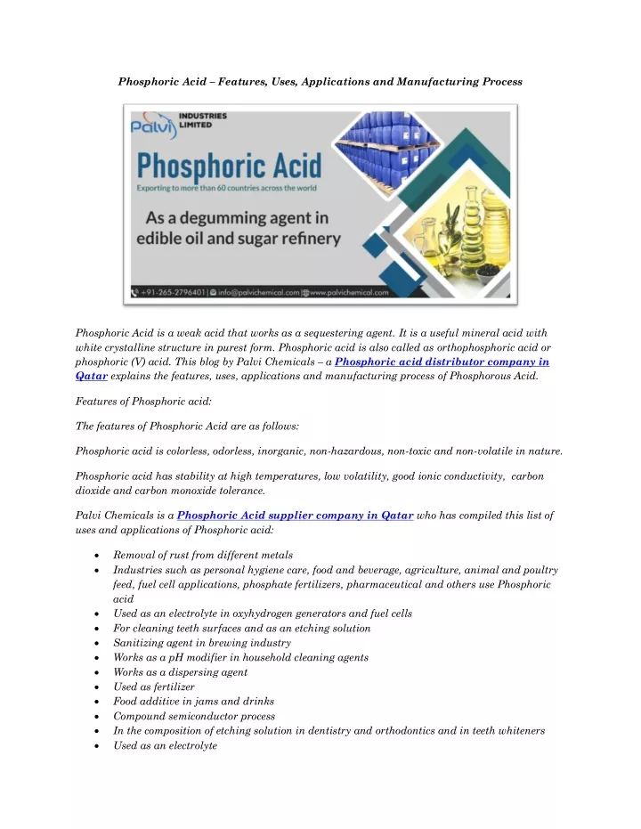phosphoric acid features uses applications