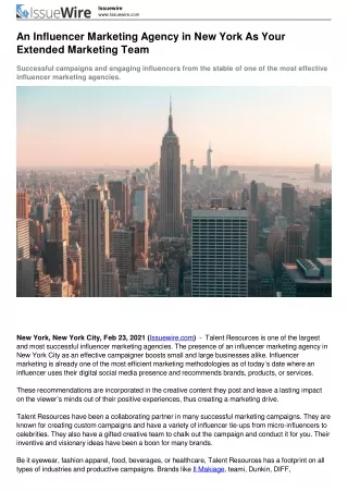 An Influencer Marketing Agency in New York As Your Extended Marketing Team [Press Release]